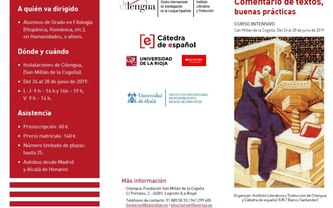 Ampliado el plazo de inscripción, hasta el 15 de marzo, en el Curso intensivo sobre ‘Comentario de textos, buenas prácticas’ que tiene lugar en junio en San Millán de la Cogolla
